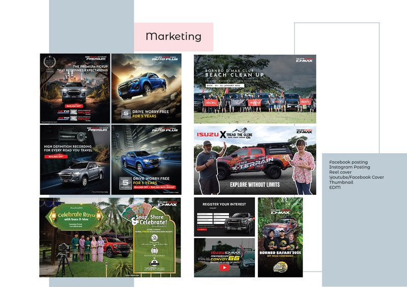 Isuzu D-Max social media posts, event banners, Raya campaign visuals and video thumbnails