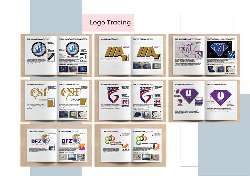 Before-and-after spreads showing low-resolution logos recreated as clean vector artwork