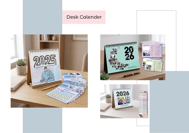 Desk calendar designs for 2025 and 2026 shown on a desk