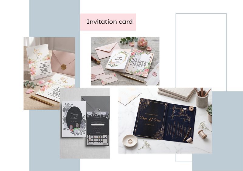Floral and navy-and-gold wedding invitation cards with envelopes and map cards